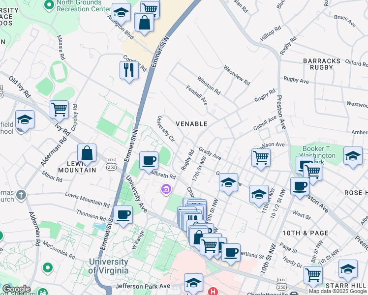 map of restaurants, bars, coffee shops, grocery stores, and more near 515 Rugby Road in Charlottesville