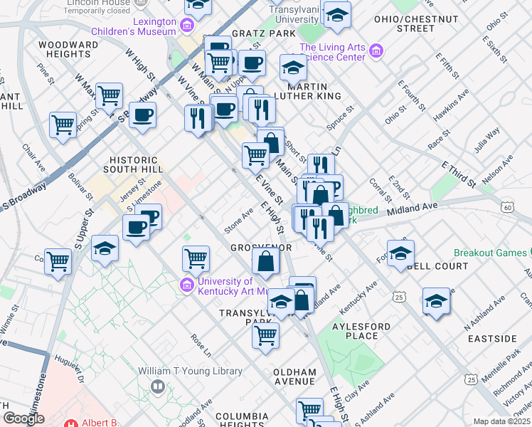 map of restaurants, bars, coffee shops, grocery stores, and more near 270 East High Street in Lexington