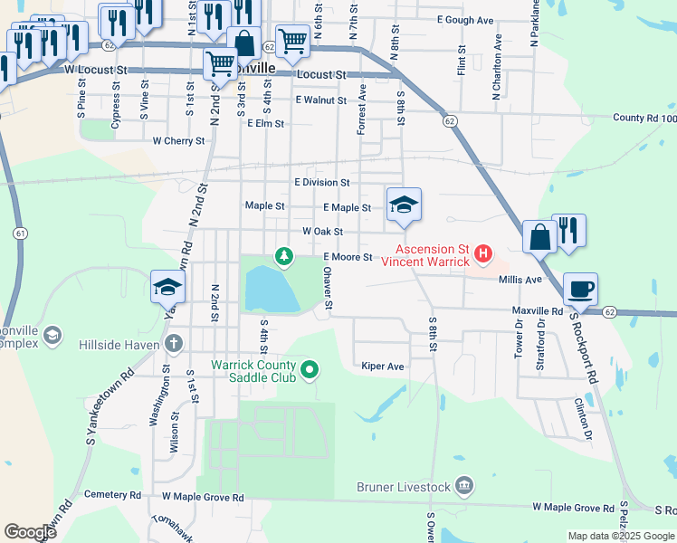 map of restaurants, bars, coffee shops, grocery stores, and more near 901 Ohaven Drive in Boonville