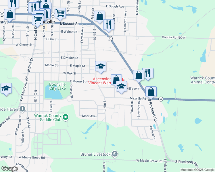 map of restaurants, bars, coffee shops, grocery stores, and more near 900 Millis Avenue in Boonville