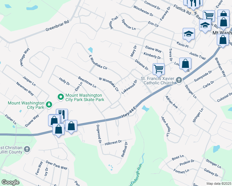 map of restaurants, bars, coffee shops, grocery stores, and more near 183 West Woodlake Circle in Mount Washington