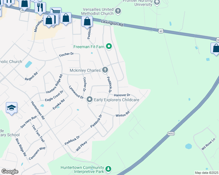 map of restaurants, bars, coffee shops, grocery stores, and more near 191 Dunroven Drive in Versailles