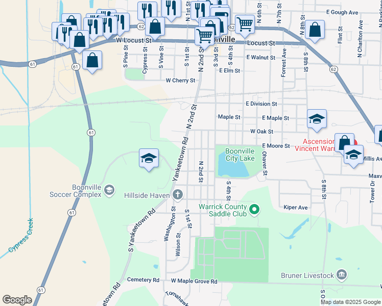 map of restaurants, bars, coffee shops, grocery stores, and more near 908 South 1st Street in Boonville