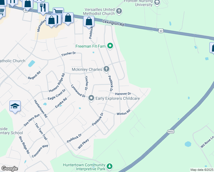 map of restaurants, bars, coffee shops, grocery stores, and more near 191 Dunroven Road in Versailles