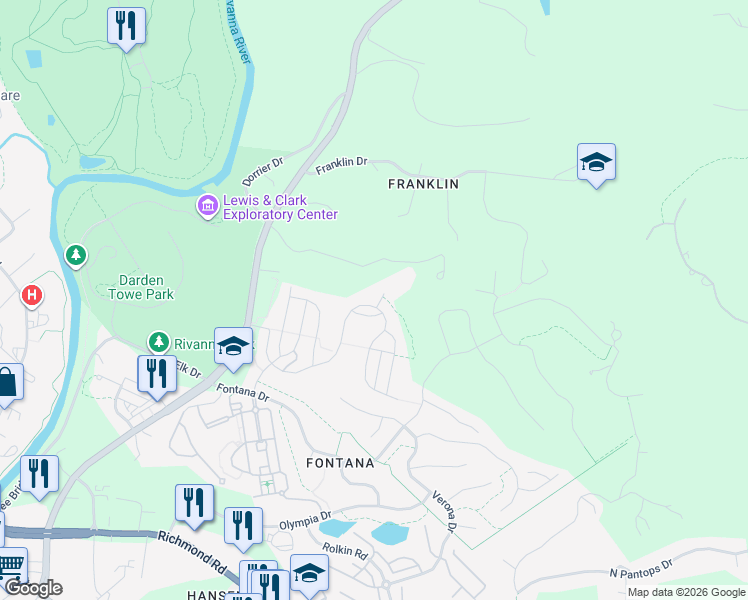map of restaurants, bars, coffee shops, grocery stores, and more near 1401 Delphi Lane in Charlottesville