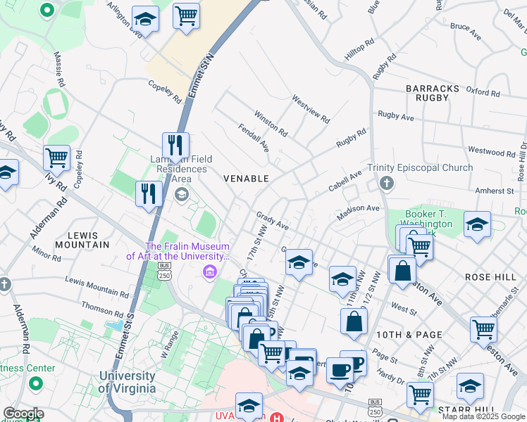 map of restaurants, bars, coffee shops, grocery stores, and more near 1703 Grady Avenue in Charlottesville