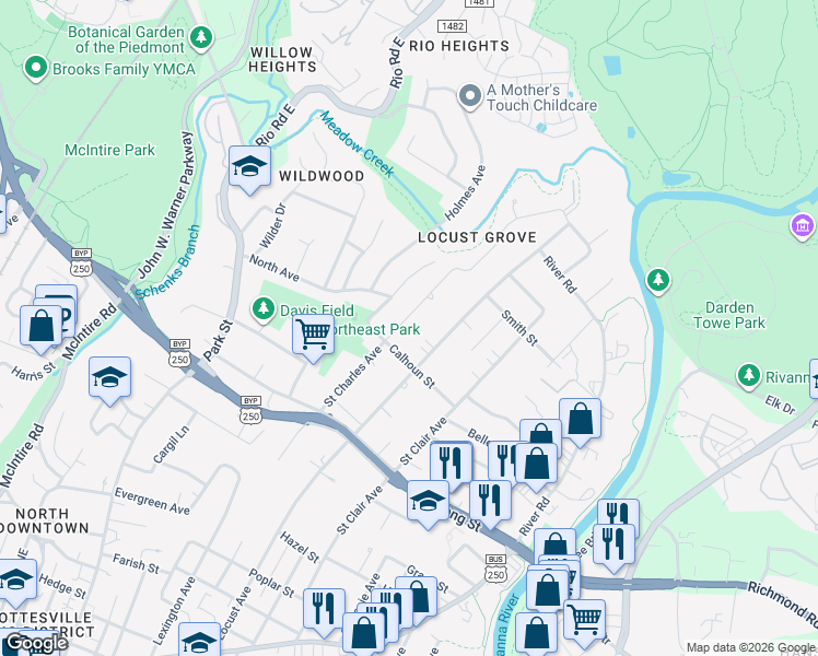 map of restaurants, bars, coffee shops, grocery stores, and more near 1010 Saint Charles Avenue in Charlottesville