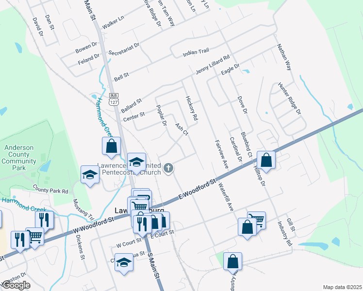 map of restaurants, bars, coffee shops, grocery stores, and more near 98 Poplar Drive in Lawrenceburg