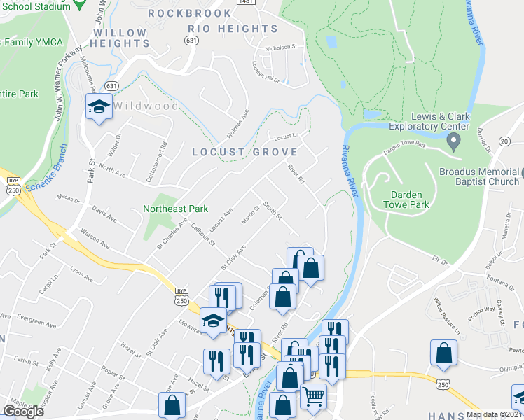 map of restaurants, bars, coffee shops, grocery stores, and more near 1030 Martin Street in Charlottesville