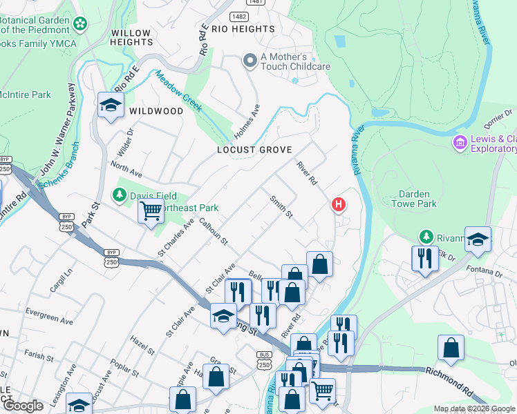 map of restaurants, bars, coffee shops, grocery stores, and more near 1030 Martin Street in Charlottesville