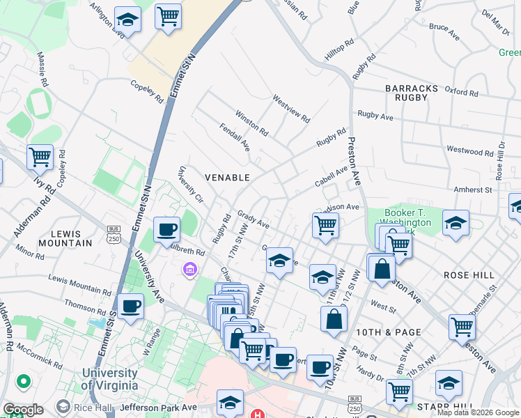 map of restaurants, bars, coffee shops, grocery stores, and more near 608 Preston Place in Charlottesville