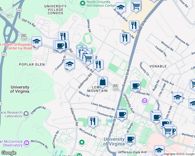 map of restaurants, bars, coffee shops, grocery stores, and more near 101 Bollingwood Road in Charlottesville