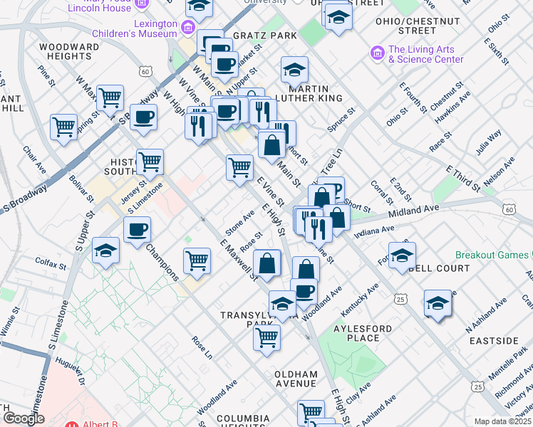 map of restaurants, bars, coffee shops, grocery stores, and more near 270 East High Street in Lexington