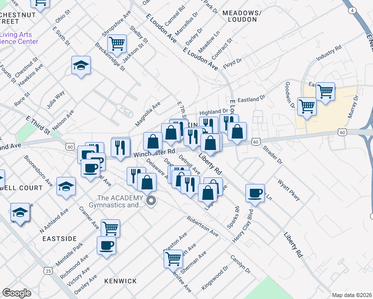 map of restaurants, bars, coffee shops, grocery stores, and more near U.S. 60 in Lexington