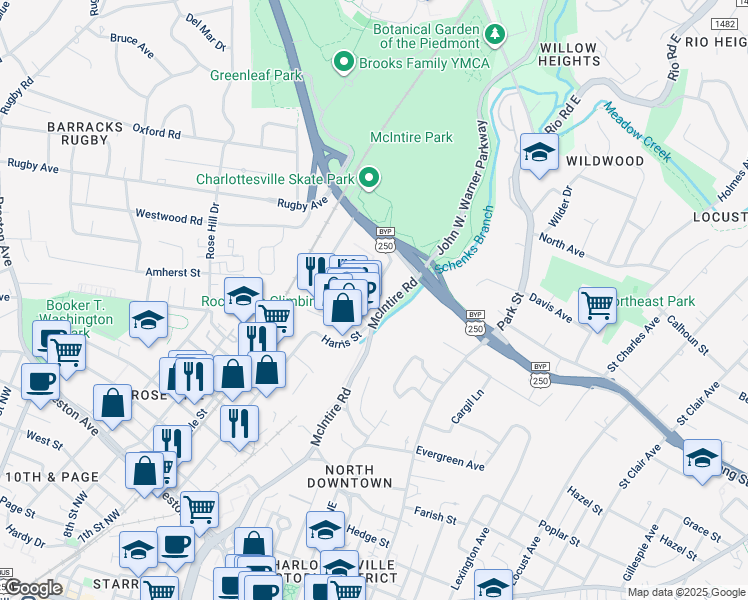 map of restaurants, bars, coffee shops, grocery stores, and more near 203 Hillcrest Rd in Charlottesville