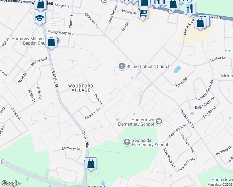 map of restaurants, bars, coffee shops, grocery stores, and more near 394 Sugartree Lane in Versailles
