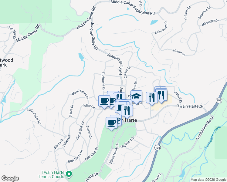map of restaurants, bars, coffee shops, grocery stores, and more near 18686 Mother Lode Drive in Twain Harte
