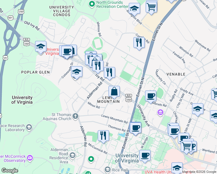 map of restaurants, bars, coffee shops, grocery stores, and more near 101 Bollingwood Road in Charlottesville