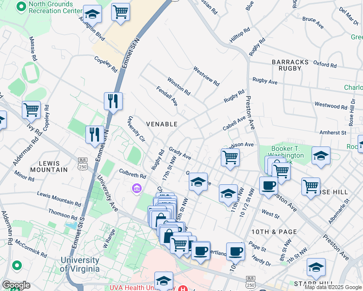 map of restaurants, bars, coffee shops, grocery stores, and more near 653 Preston Place in Charlottesville
