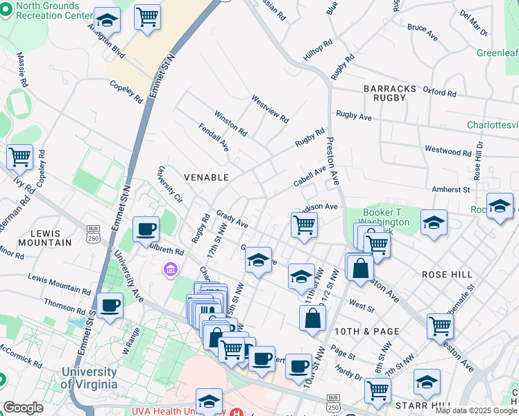 map of restaurants, bars, coffee shops, grocery stores, and more near 627 Cabell Avenue in Charlottesville