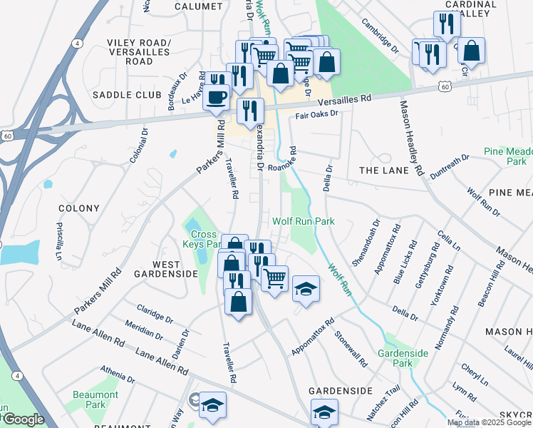 map of restaurants, bars, coffee shops, grocery stores, and more near 1667 Alexandria Drive in Lexington