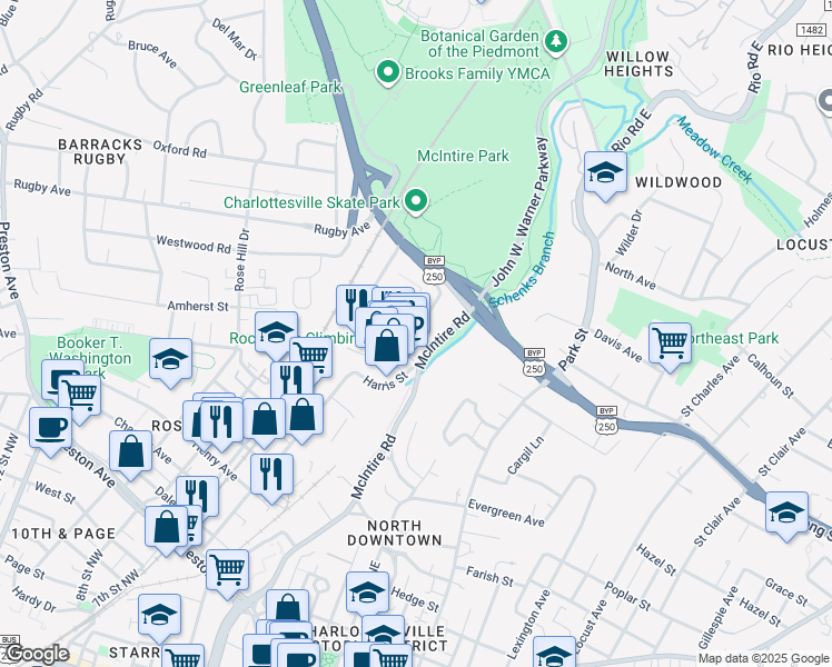 map of restaurants, bars, coffee shops, grocery stores, and more near 203 Hillcrest Road in Charlottesville