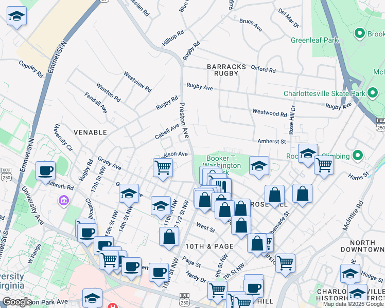 map of restaurants, bars, coffee shops, grocery stores, and more near in Charlottesville