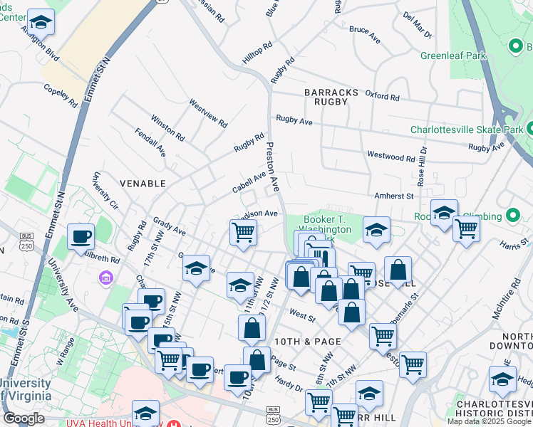 map of restaurants, bars, coffee shops, grocery stores, and more near 734 Madison Avenue in Charlottesville