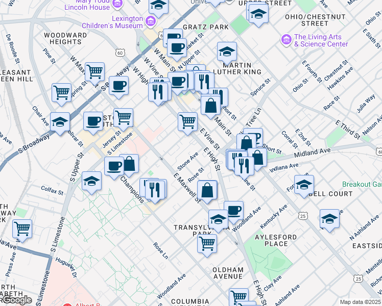 map of restaurants, bars, coffee shops, grocery stores, and more near 223 Stone Avenue in Lexington