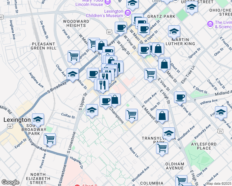 map of restaurants, bars, coffee shops, grocery stores, and more near in Lexington