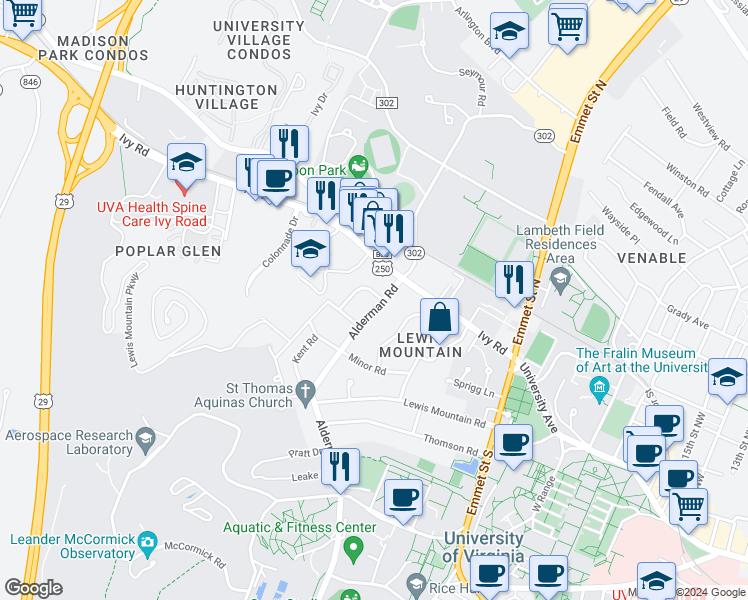 map of restaurants, bars, coffee shops, grocery stores, and more near 111 Alderman Road in Charlottesville