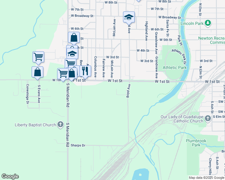 map of restaurants, bars, coffee shops, grocery stores, and more near 1249 West 1st Street in Newton
