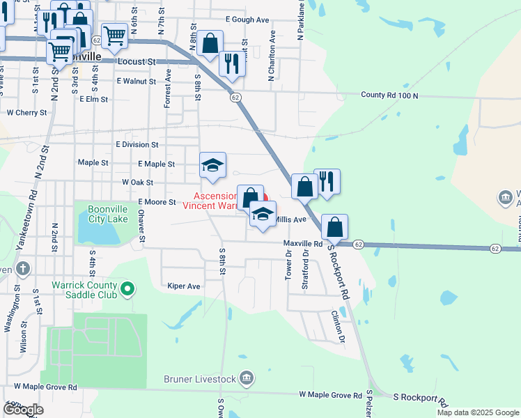 map of restaurants, bars, coffee shops, grocery stores, and more near 1116 Millis Avenue in Boonville