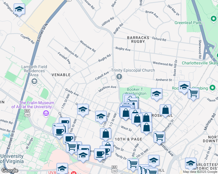 map of restaurants, bars, coffee shops, grocery stores, and more near 722 Madison Avenue in Charlottesville
