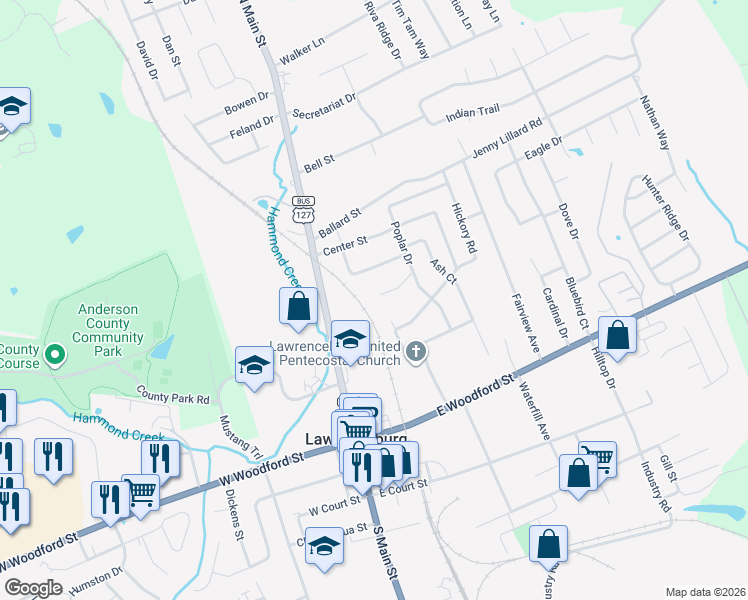 map of restaurants, bars, coffee shops, grocery stores, and more near 121 Holly Court in Lawrenceburg