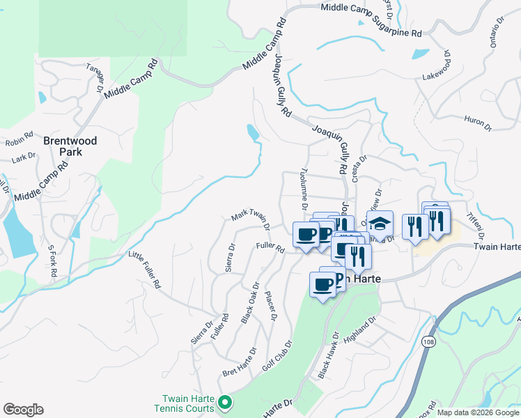 map of restaurants, bars, coffee shops, grocery stores, and more near 23184 Mark Twain Drive in Twain Harte