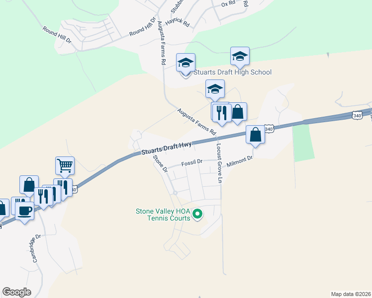 map of restaurants, bars, coffee shops, grocery stores, and more near 3193 Stuarts Draft Highway in Stuarts Draft