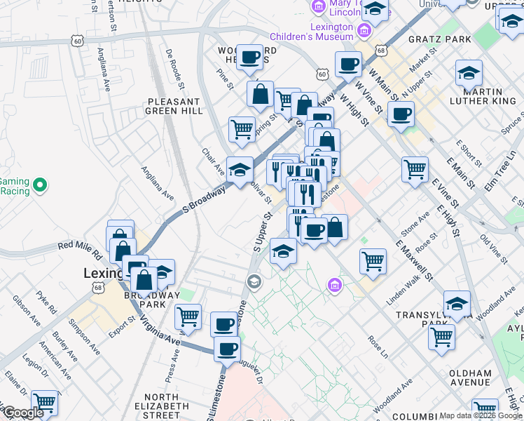 map of restaurants, bars, coffee shops, grocery stores, and more near 585 South Upper Street in Lexington