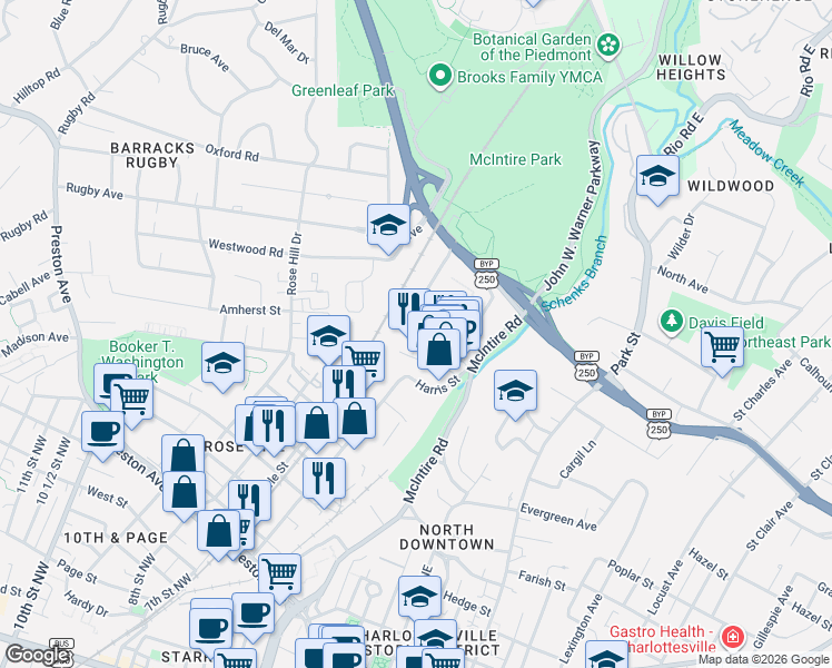 map of restaurants, bars, coffee shops, grocery stores, and more near 1739 Allied Lane in Charlottesville