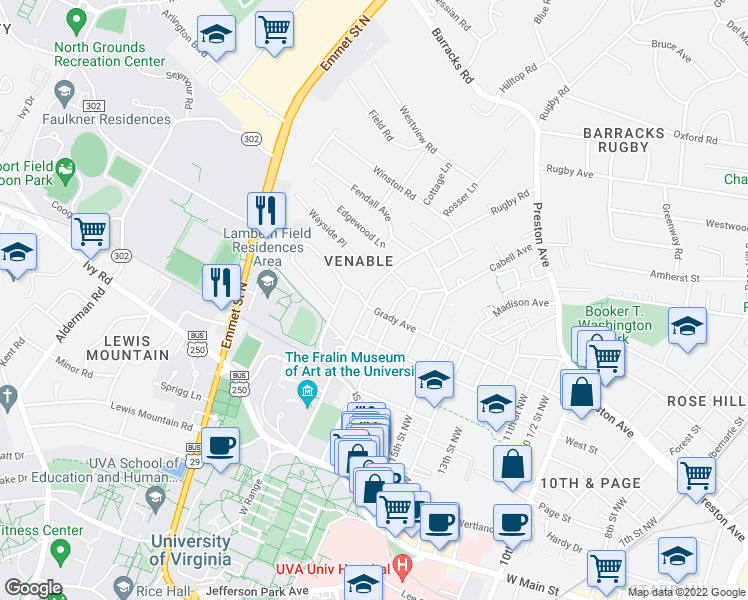 map of restaurants, bars, coffee shops, grocery stores, and more near 1703 Grady Avenue in Charlottesville