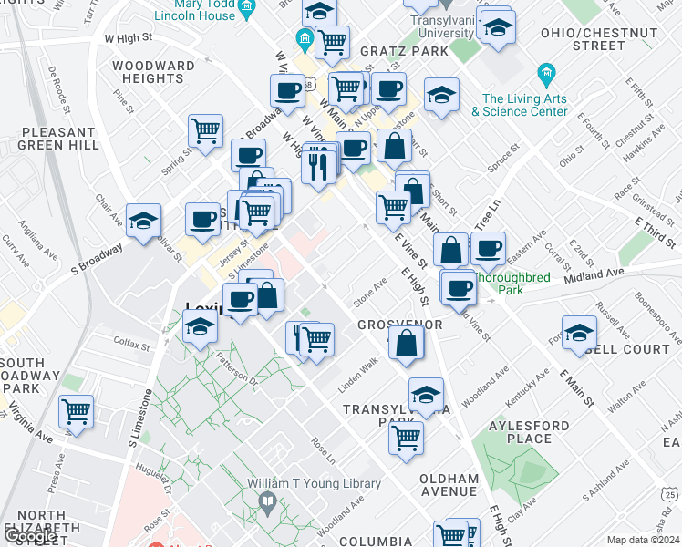 map of restaurants, bars, coffee shops, grocery stores, and more near 127 Hagerman Court in Lexington