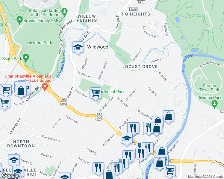 map of restaurants, bars, coffee shops, grocery stores, and more near 801 Calhoun Street in Charlottesville