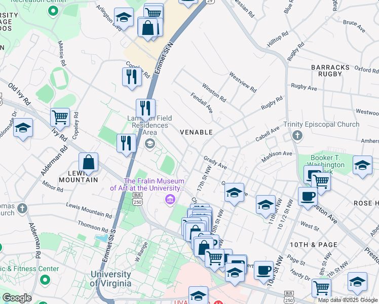 map of restaurants, bars, coffee shops, grocery stores, and more near 60 University Way in Charlottesville