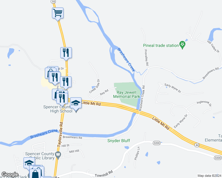 map of restaurants, bars, coffee shops, grocery stores, and more near 142 Ray Road in Taylorsville