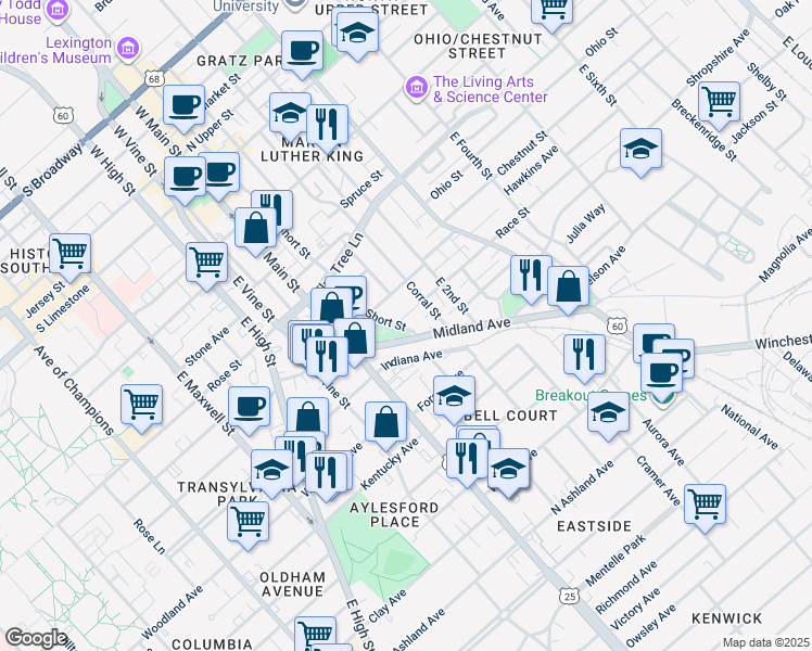 map of restaurants, bars, coffee shops, grocery stores, and more near 501 E Short St in Lexington