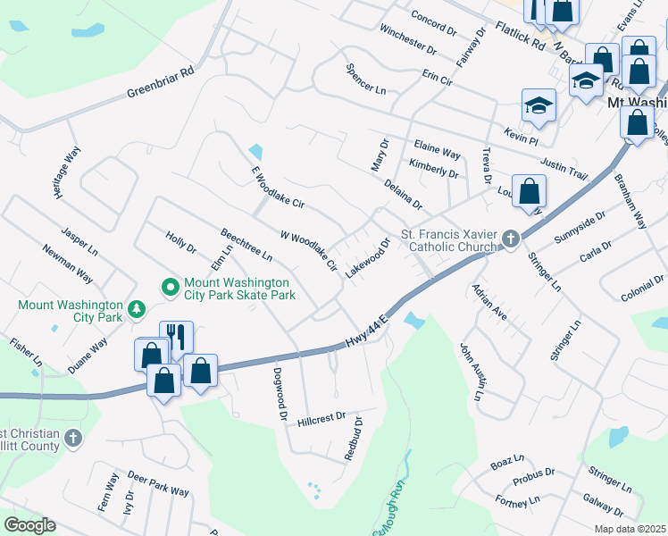 map of restaurants, bars, coffee shops, grocery stores, and more near 183 West Woodlake Circle in Mount Washington