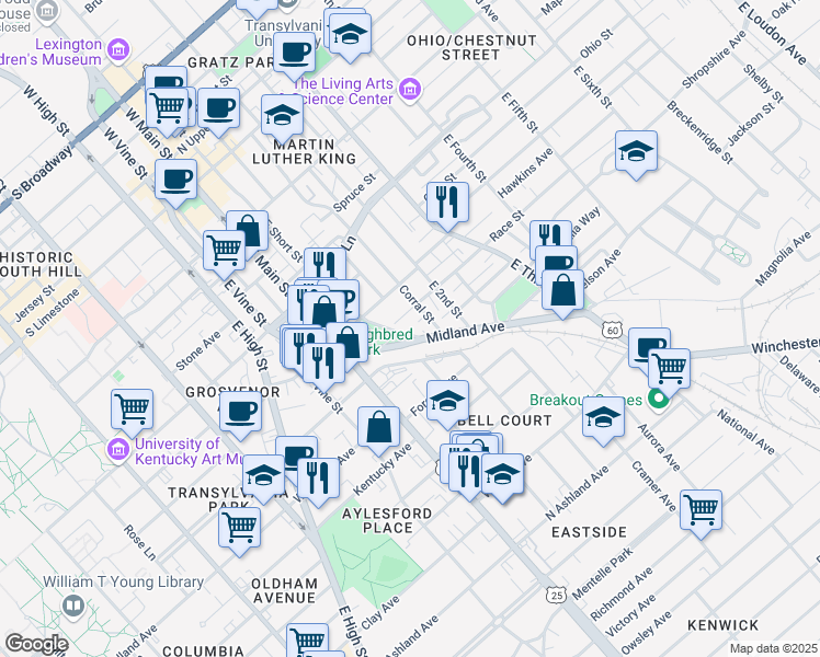 map of restaurants, bars, coffee shops, grocery stores, and more near 501 East Short Street in Lexington