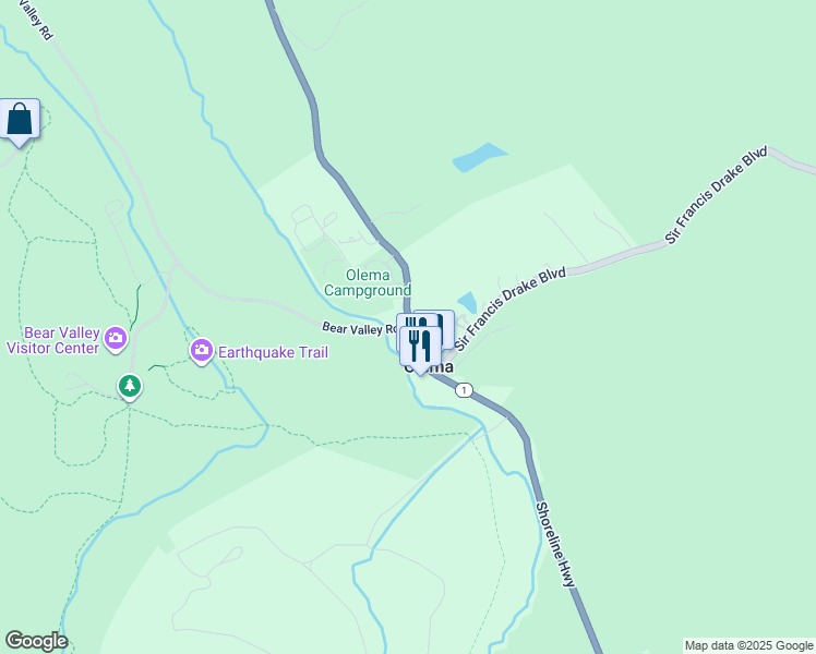 map of restaurants, bars, coffee shops, grocery stores, and more near 1 Bear Valley Road in Point Reyes Station