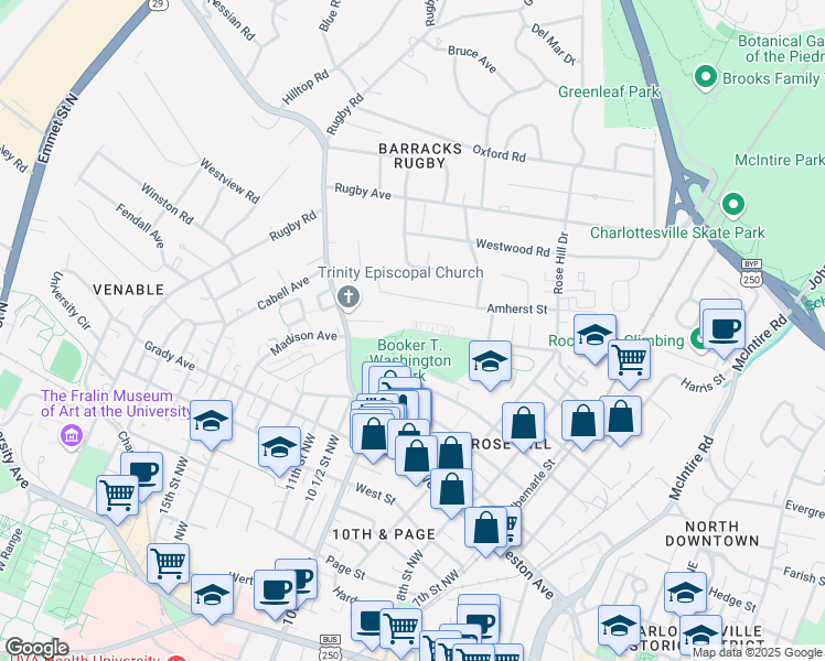 map of restaurants, bars, coffee shops, grocery stores, and more near Madison Avenue in Charlottesville