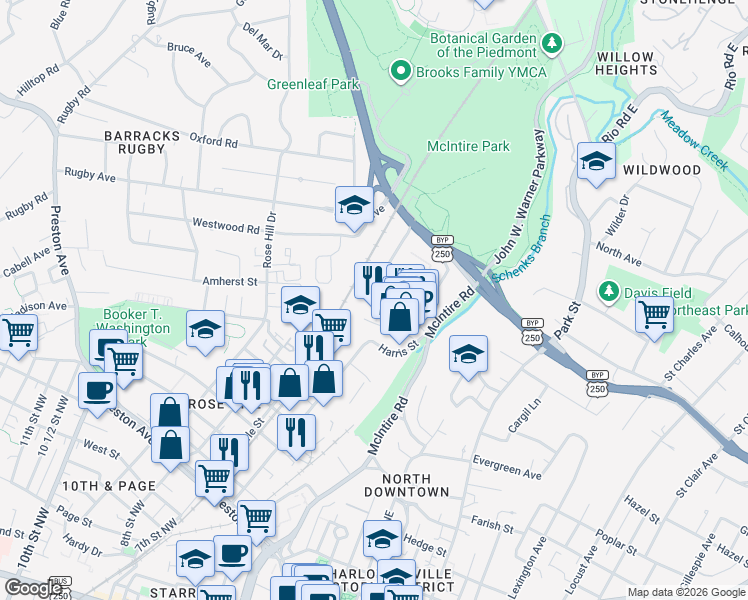 map of restaurants, bars, coffee shops, grocery stores, and more near 1751 Allied Street in Charlottesville